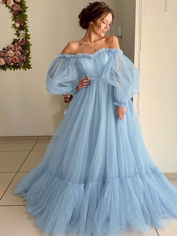 A-line floor-length tulle applique prom dress with off-the-shoulder long sleeves