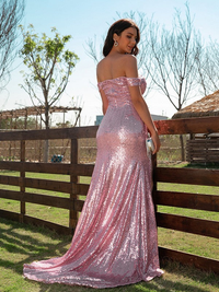 Pink sequin sheath prom dress with ruffles and sweep train
