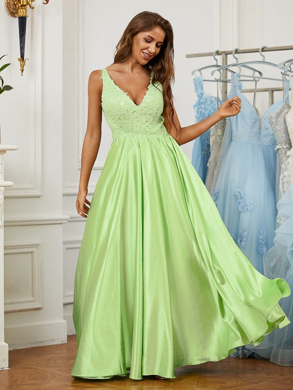 V-neck sleeveless A-line floor-length dress crafted in elastic woven satin and lace