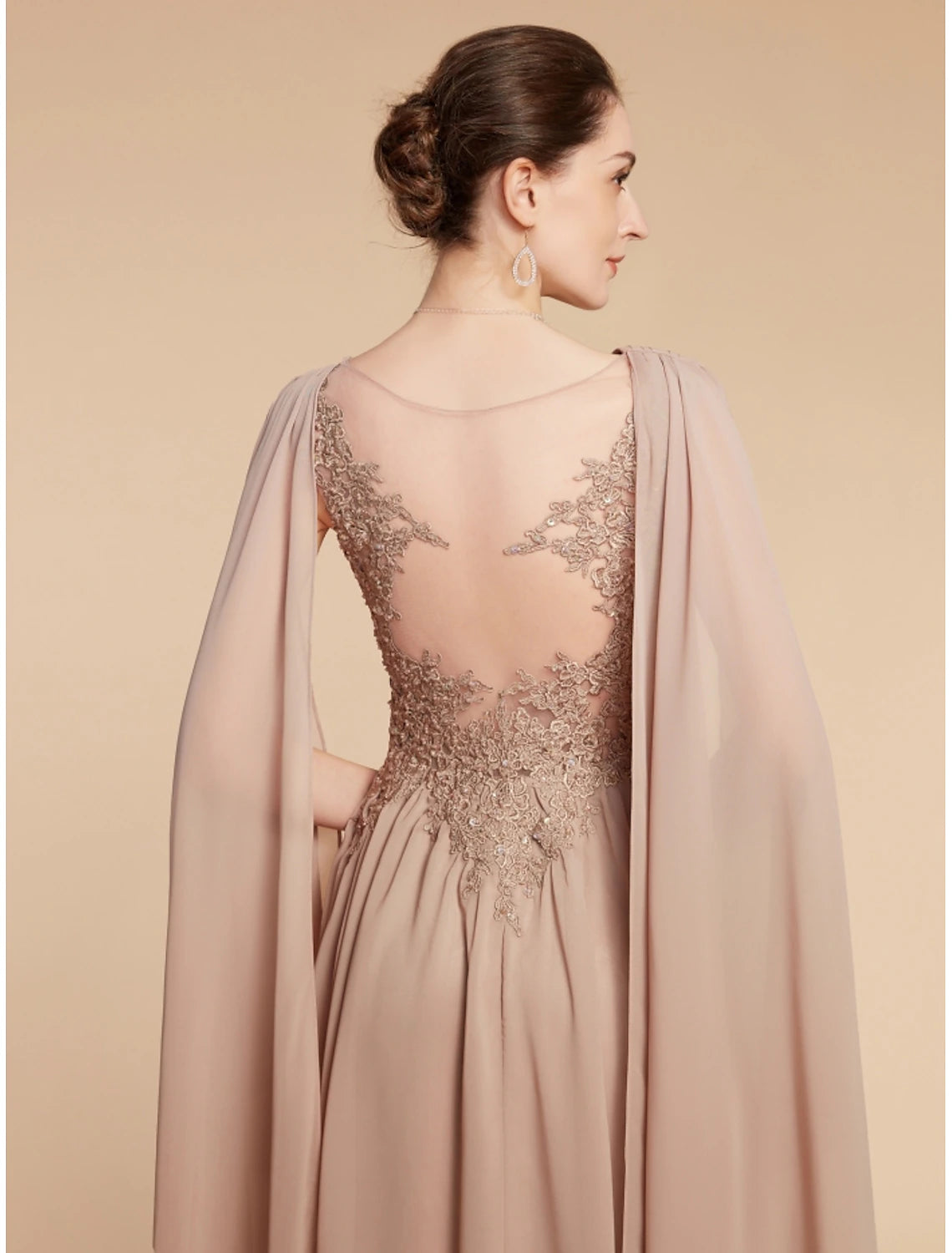 Ruched bodice detail on the V-neck chiffon lace mother of the bride dress