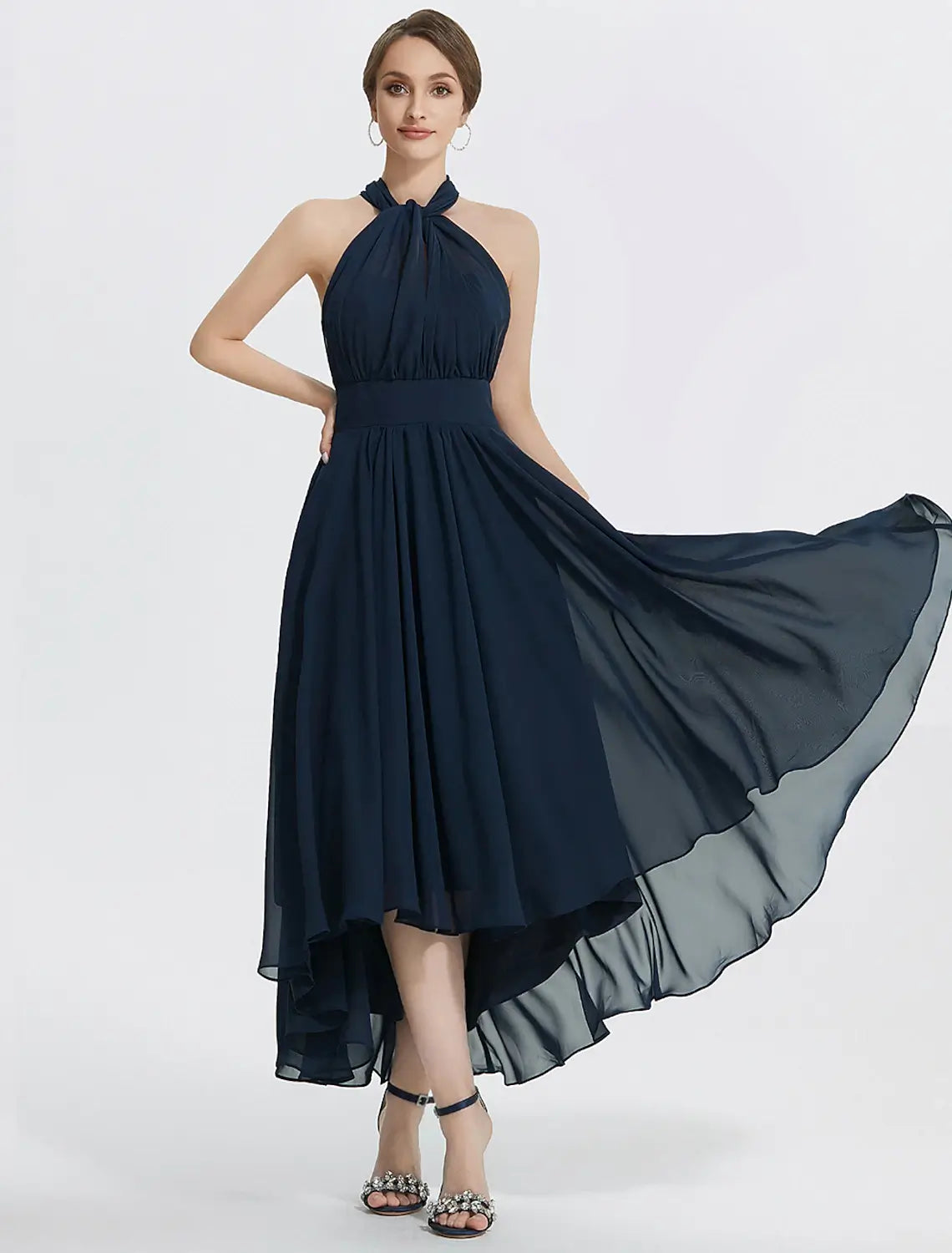 A-line tea-length convertible off-shoulder chiffon dress with ruched styling