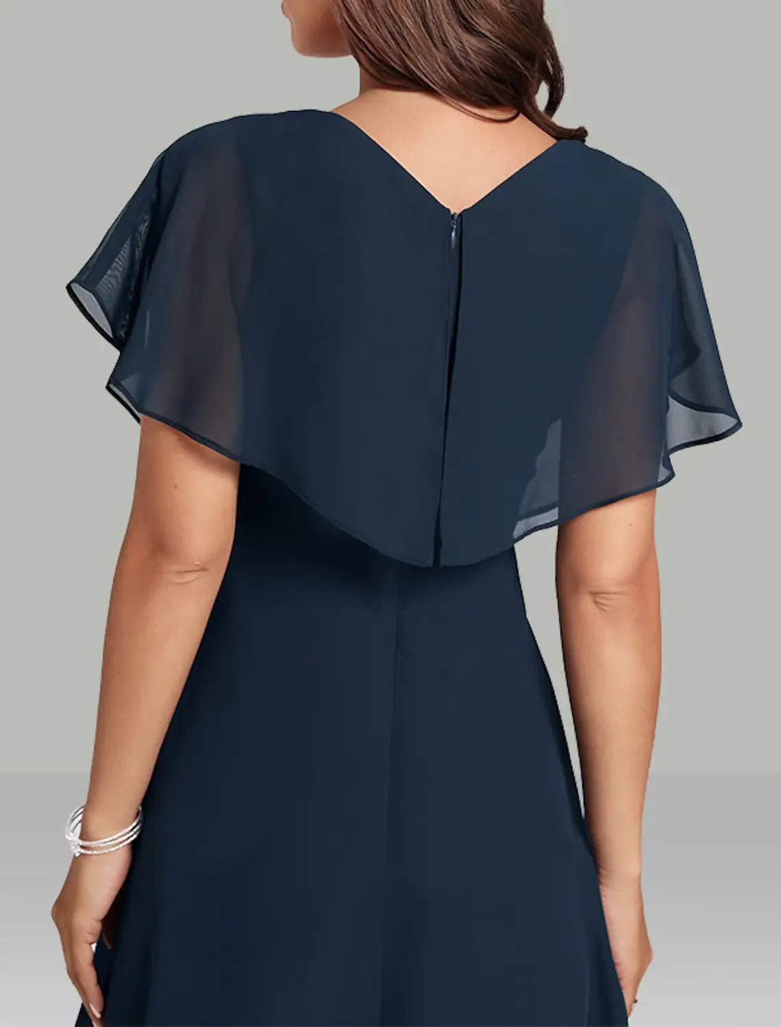 Semi-formal V-neck tea-length chiffon wedding guest dress with beading