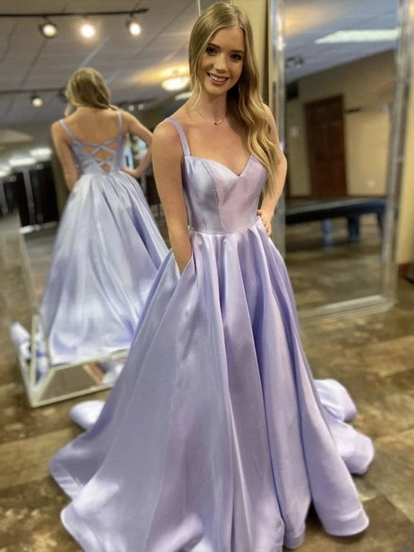 A-line sleeveless V-neck satin prom dress with ruffles and sweep train