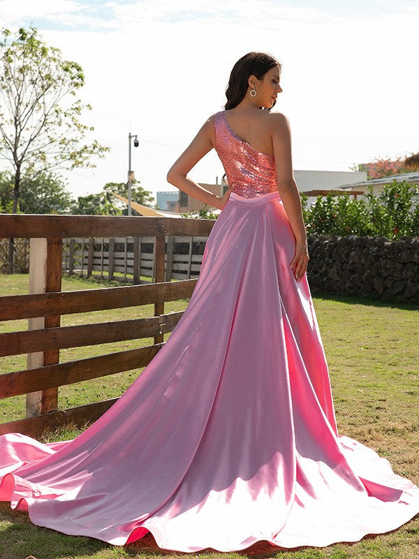 One-shoulder sequin elastic woven satin A-line prom dress with brush train