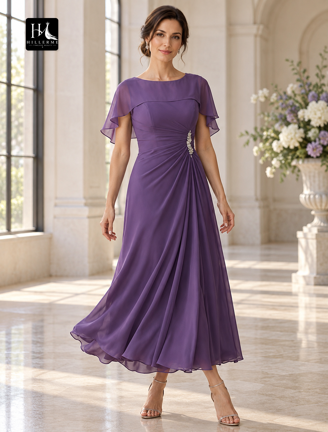 A-Line Tea-Length Chiffon Mother of the Bride Dress with Bateau Neck and Crystal Brooch
