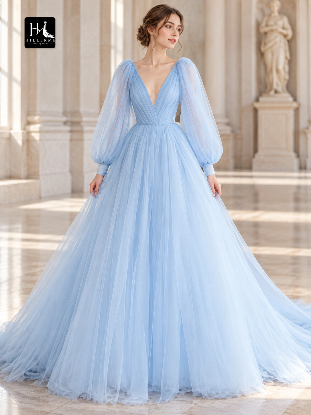 A-Line Tulle Ruffle V-Neck Long Sleeve Prom Dress with Sweep Train