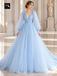 A-Line Tulle Ruffle V-Neck Long Sleeve Prom Dress with Sweep Train