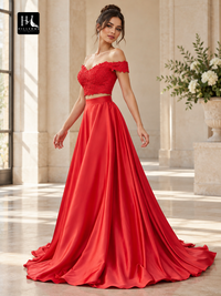 Off-the-Shoulder Two-Piece Silk-Like Satin A-Line Prom Dress with Appliques