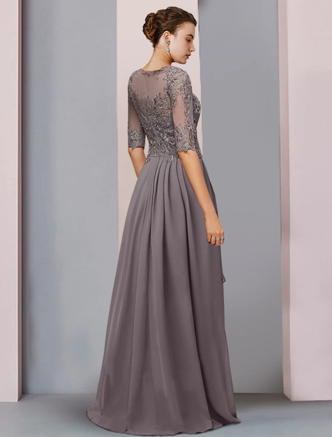 Alternate view of sheath scoop neck chiffon and lace mother of the bride dress with half sleeves and pleats in Dusk