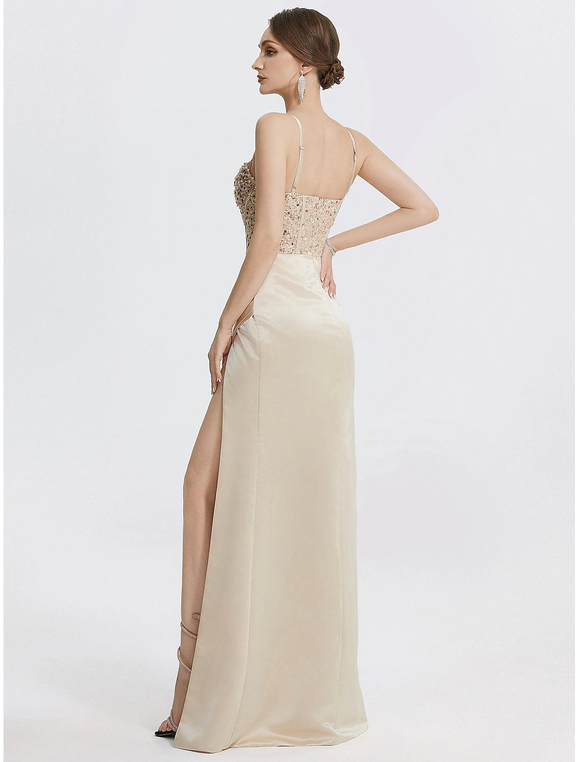 Tea-length column evening dress in stretch fabric with feather details and square neckline