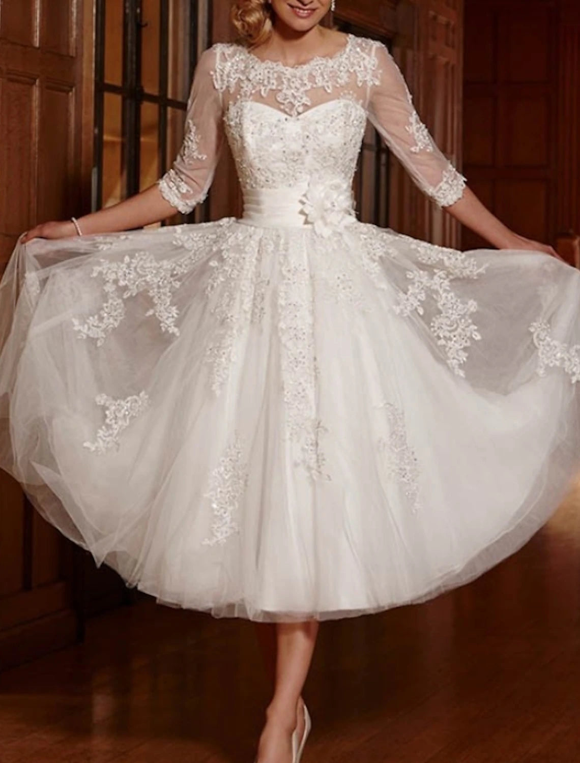 Vintage simple A-line tea length lace wedding dress with V-neck and cap sleeves in ivory
