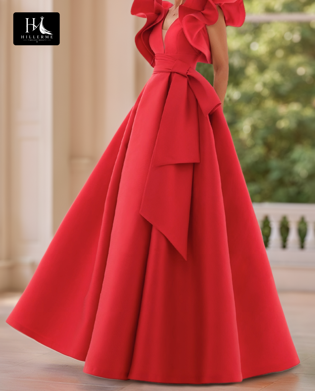 A-Line Floor-Length Mother of the Bride Gown with Deep V-Neck, Ruffled Straps, and Pleated Satin