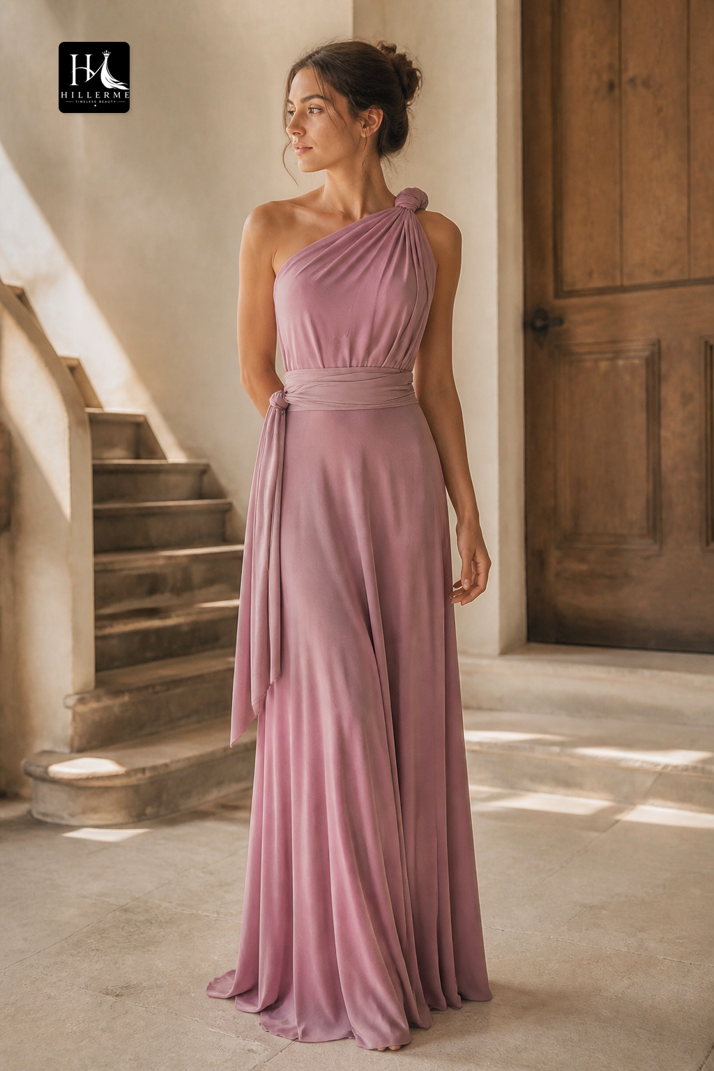 B5116 - One Shoulder Satin A-Line Bridesmaid Dress with Ruched Pleats