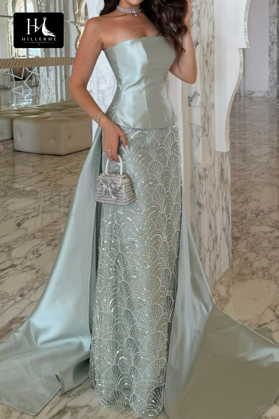 Strapless Fitted Gown with Beaded Scallop Skirt and Flowing Satin Train