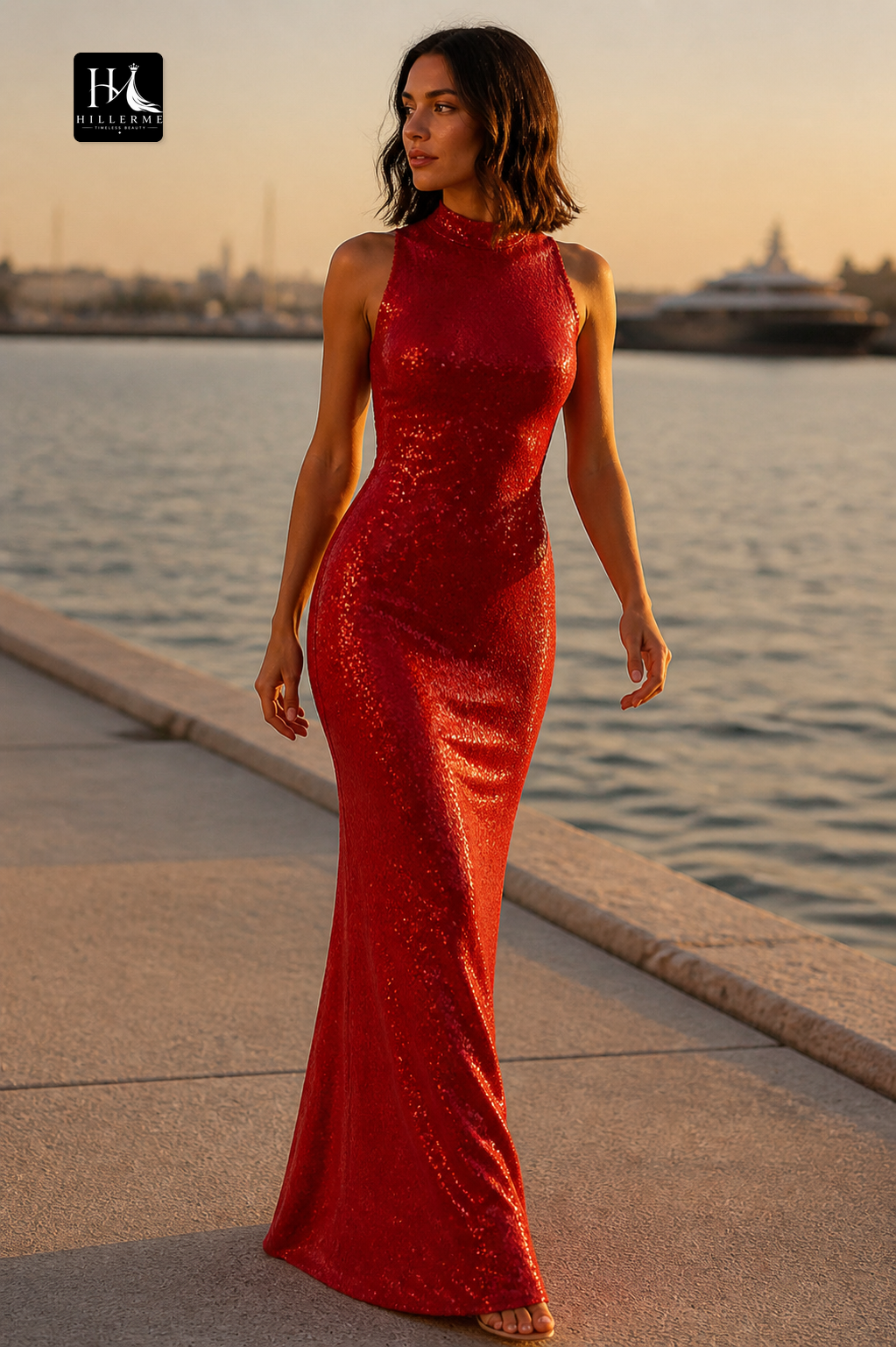 Red Sequin High Neck Mermaid Evening Gown