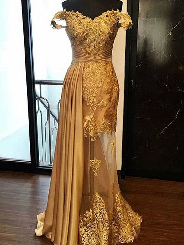 Off-the-shoulder sleeveless sheath prom dress with applique and sweep train in elastic woven satin