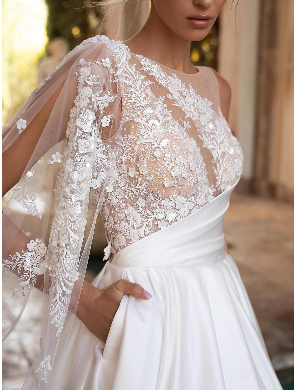 Chapel train satin ball gown bridal dress in ivory