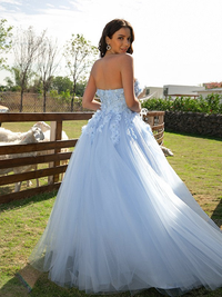 Floor-length tulle ball gown prom dress with sweetheart neckline and applique