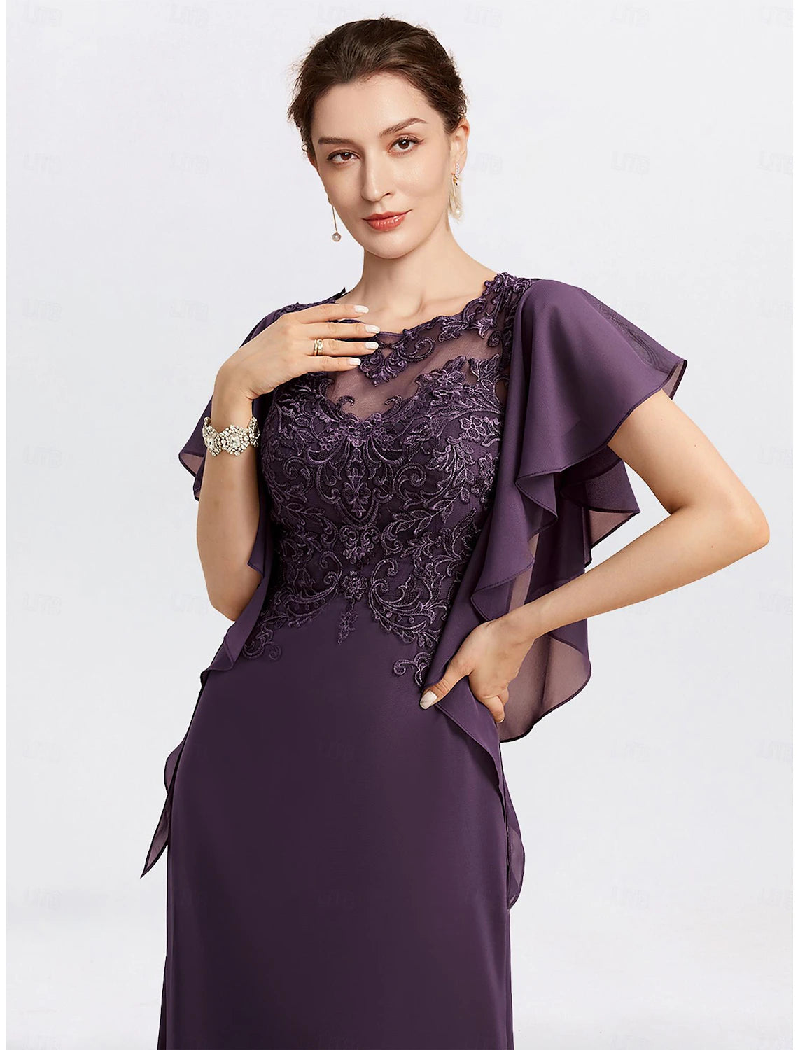 Grape floor-length chiffon sheath mother of the bride dress with jewel neck and beading appliques