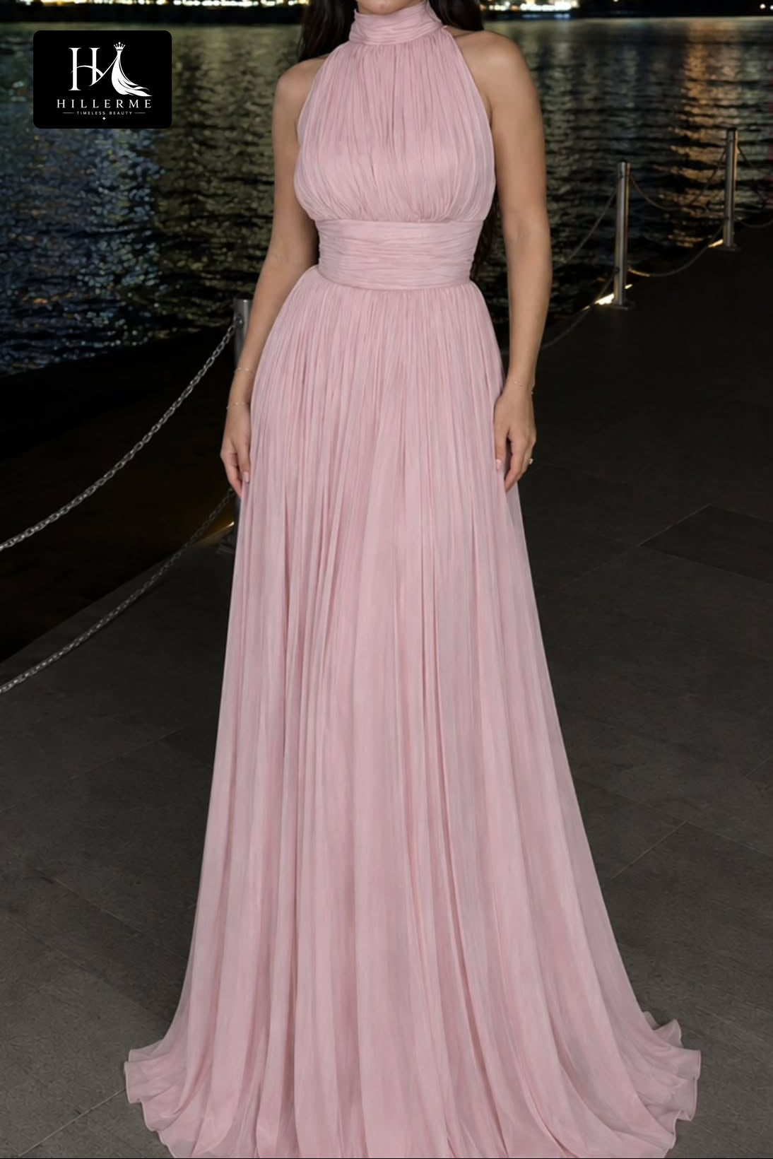 Elegant Halter-Neck A-Line Evening Gown with Floor-Length Train