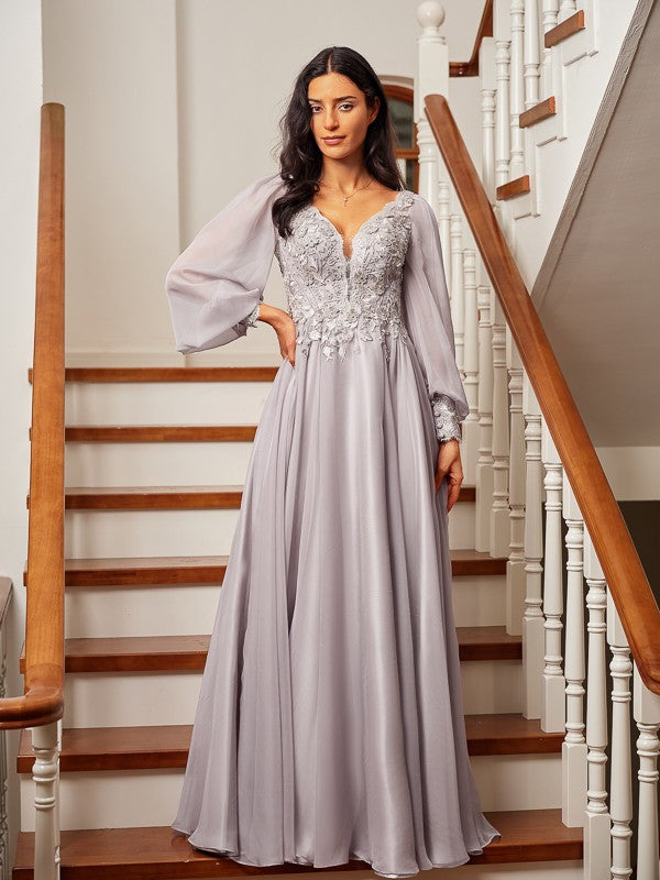 A-line floor-length 30D chiffon prom dress with V-neck, long sleeves, and applique detailing