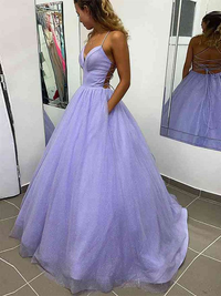 Lilac A-line sleeveless prom dress with spaghetti straps, ruffles, and sweep brush train