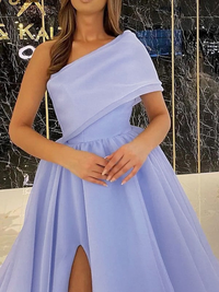 One-shoulder organza ball gown prom dress featuring ruffles and a sweep brush train