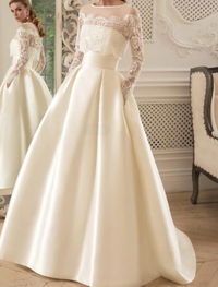 Vintage A-line long sleeve satin wedding dress with illusion neck in ivory