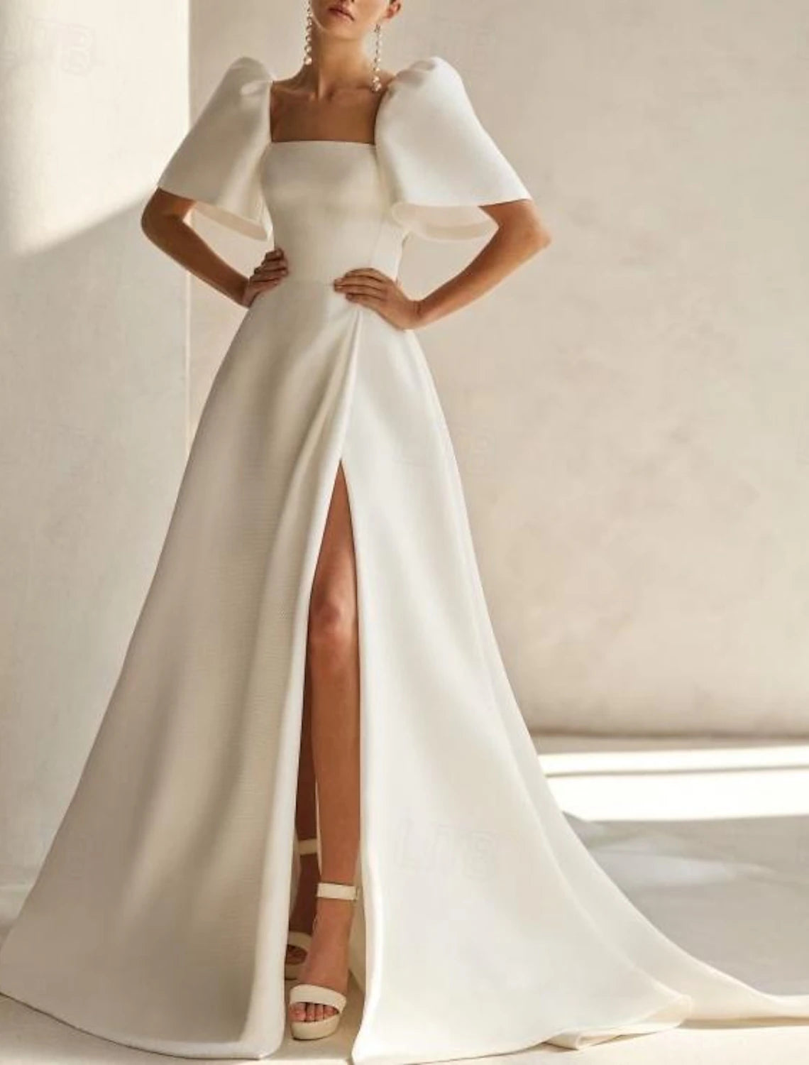 A-line square neck short sleeve satin wedding dress with chapel train in white