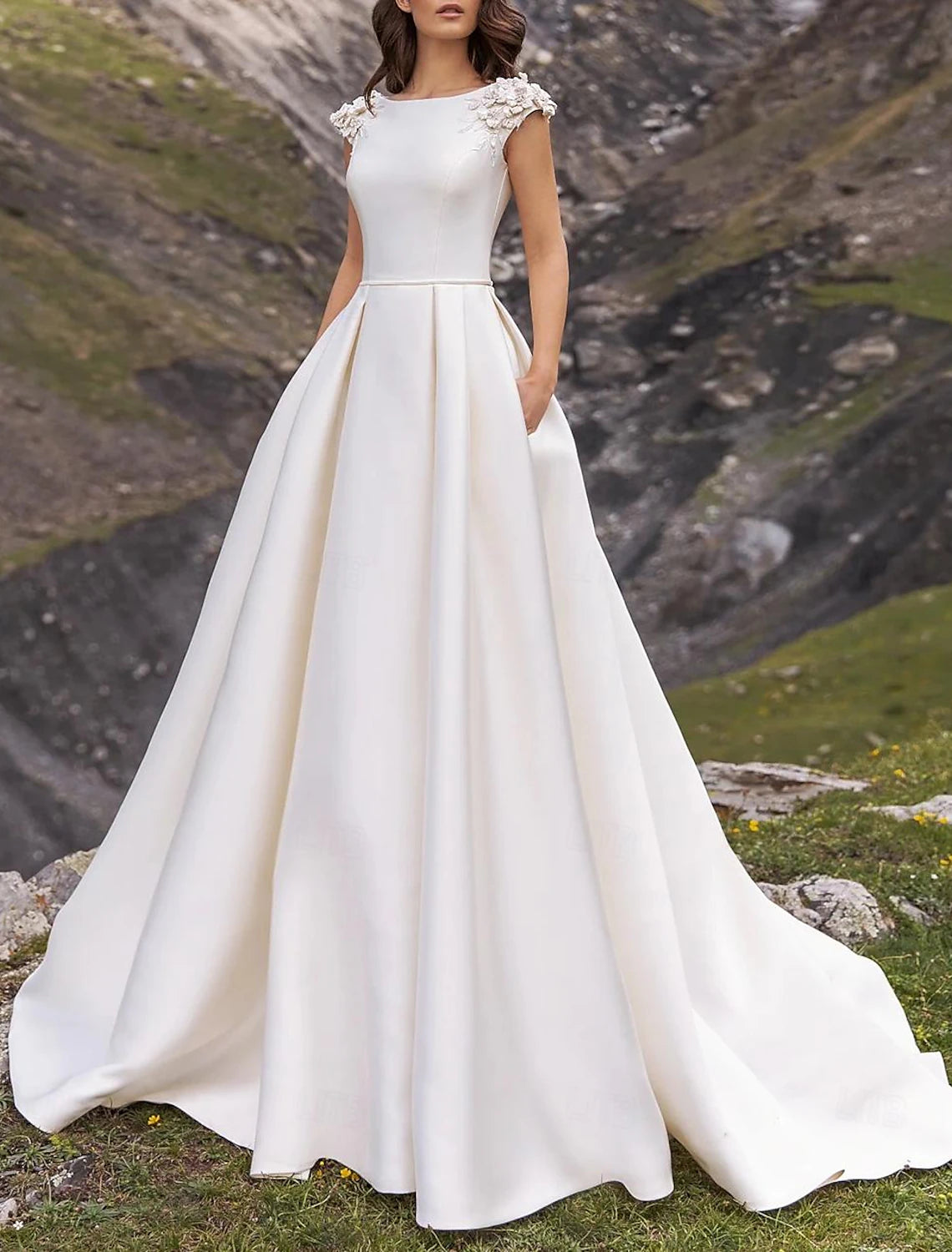 Boat neck cap sleeve satin ball gown wedding dress with appliques in white