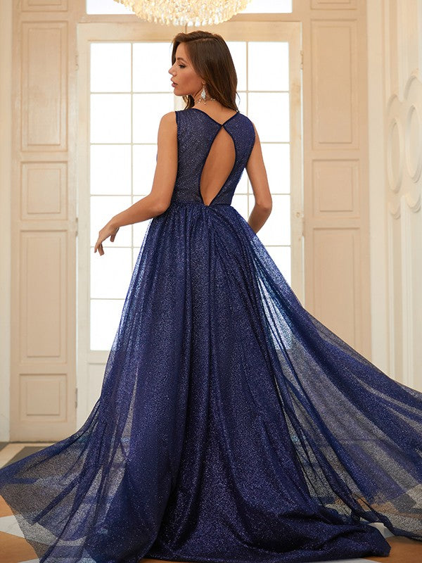 Ruffled A-line sleeveless scoop prom dress featuring a sweep brush train