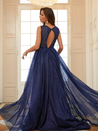 Ruffled A-line sleeveless scoop prom dress featuring a sweep brush train