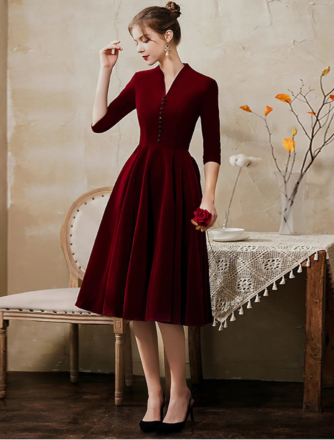 Burgundy velvet tea-length A-line cocktail dress with half sleeves and V-neck