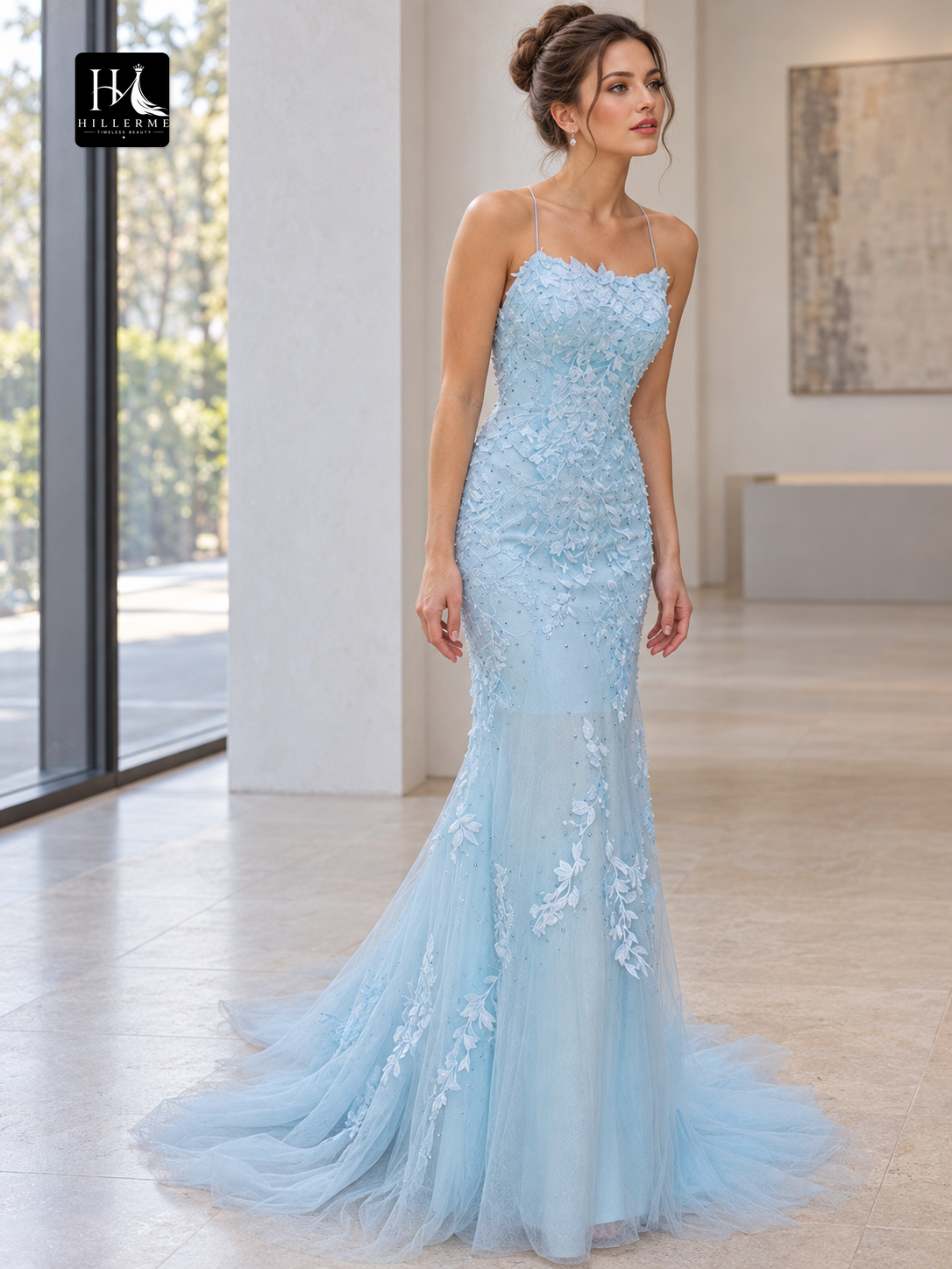 Halter Sleeveless Lace and Tulle Trumpet Mermaid Prom Dress with Court Train