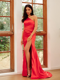 Elastic woven satin one-shoulder ruched prom dress with sweep brush train