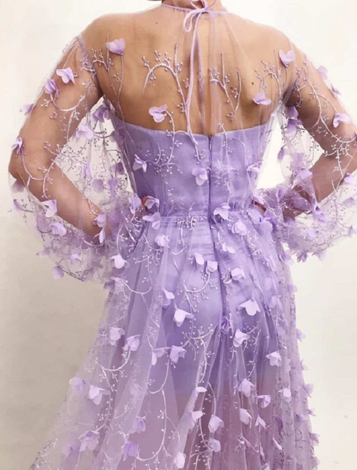 Back view of floor-length A-line prom and wedding guest dress in tulle with floral appliques