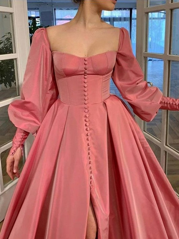 Square neck long sleeve ruffle satin floor-length prom dress in A-line silhouette
