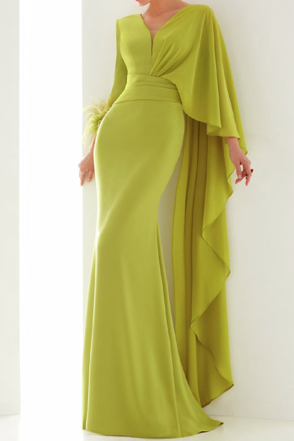 V-Neck Long-Sleeve Chiffon Mermaid Floor-Length Mother of the Bride Gown with Pleated Skirt