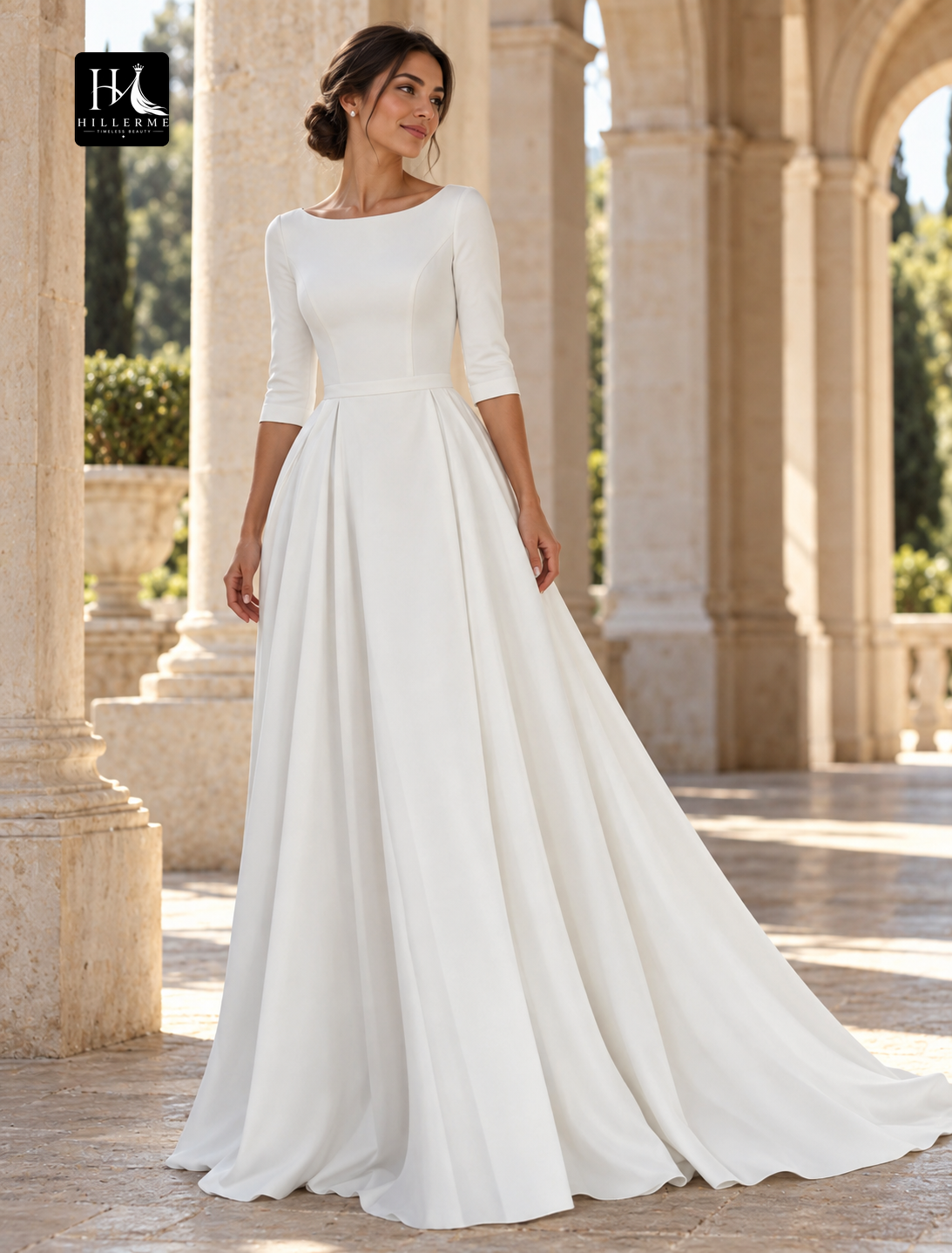 A-Line Scoop Neck 3/4 Sleeve Stretch Wedding Dress with Pleats