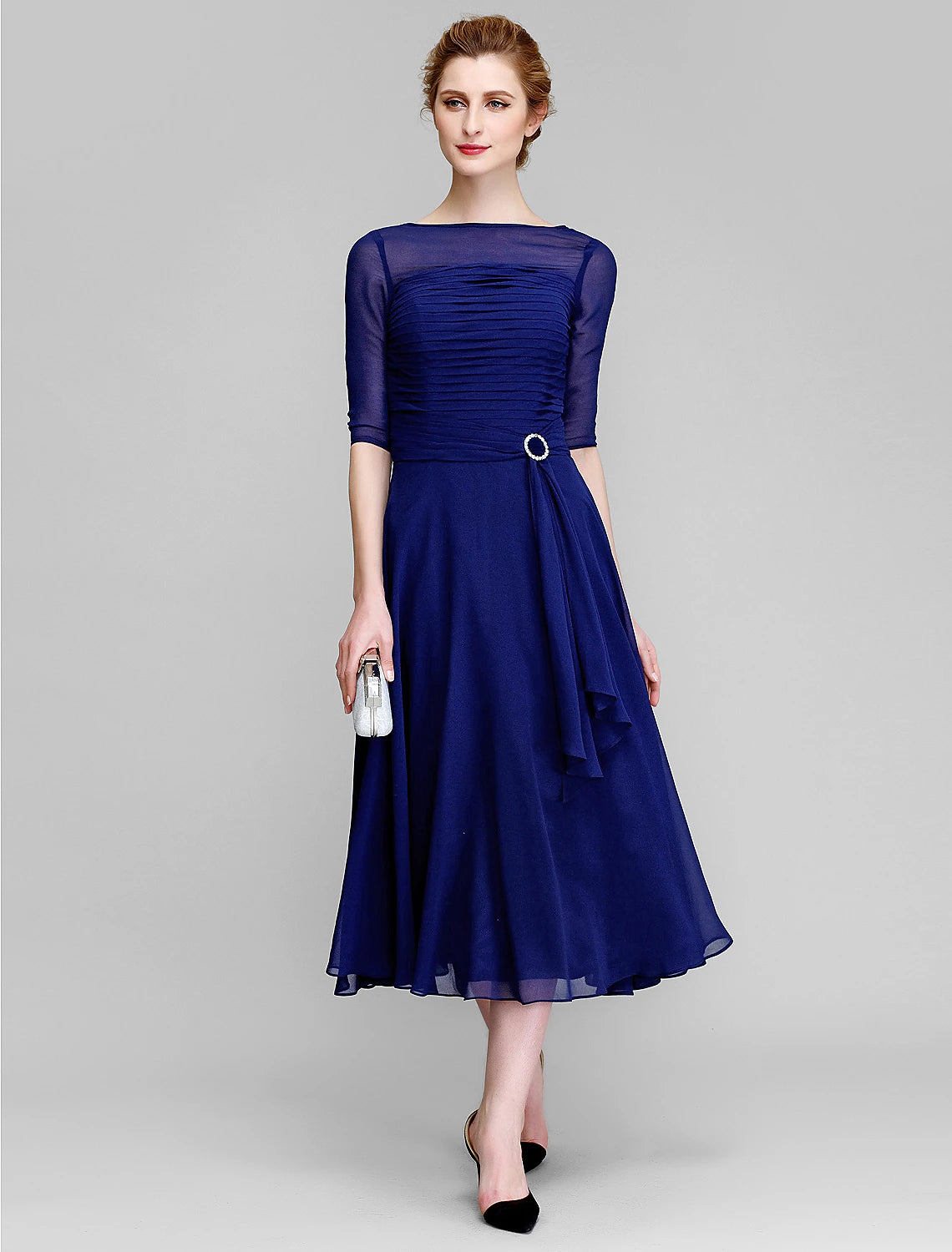 Bateau neck tea length chiffon mother of the bride dress with ruched half sleeves