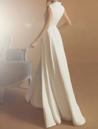 Ivory floor-length satin A-line bridal gown with sleeveless V-neck and split front