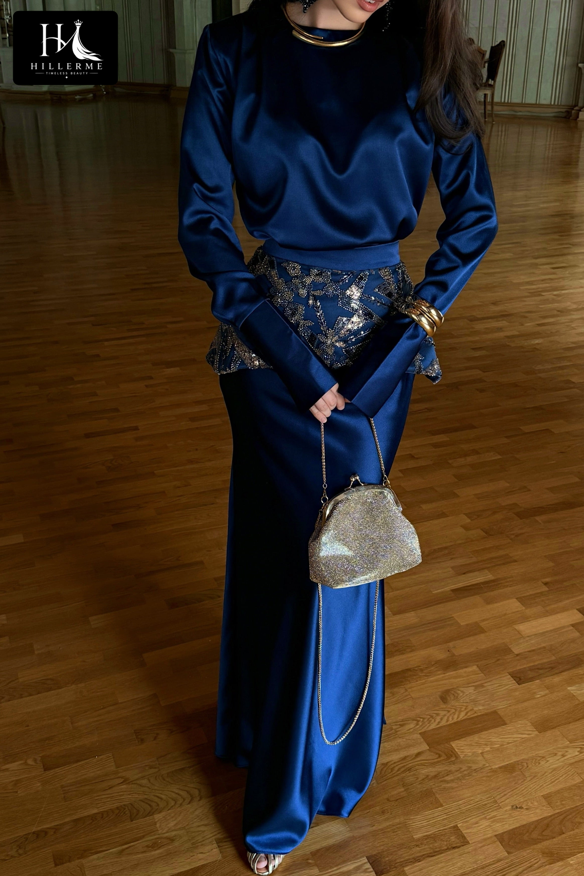 Satin Evening Gown with Sequin-Wrapped Waistband and Long Sleeves