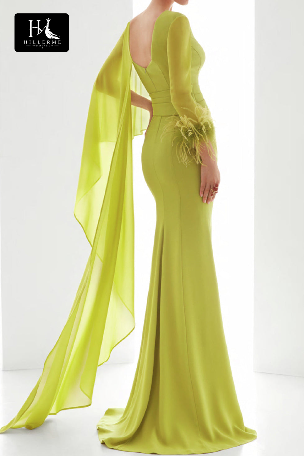 V-Neck Long-Sleeve Chiffon Mermaid Floor-Length Mother of the Bride Gown with Pleated Skirt