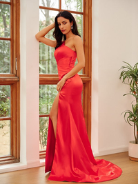 Ruched red elastic woven satin one-shoulder sheath column prom dress