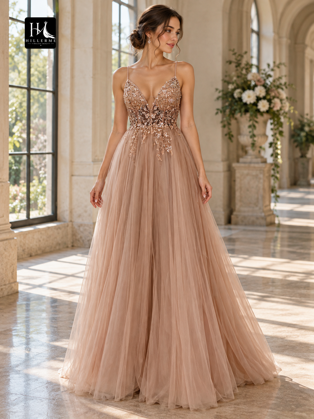 A-Line Sleeveless Beaded Tulle Spaghetti Strap Floor-Length Prom Dress