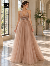 A-Line Sleeveless Beaded Tulle Spaghetti Strap Floor-Length Prom Dress