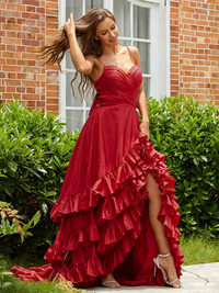 Asymmetrical layered taffeta A-line prom dress with V-neckline