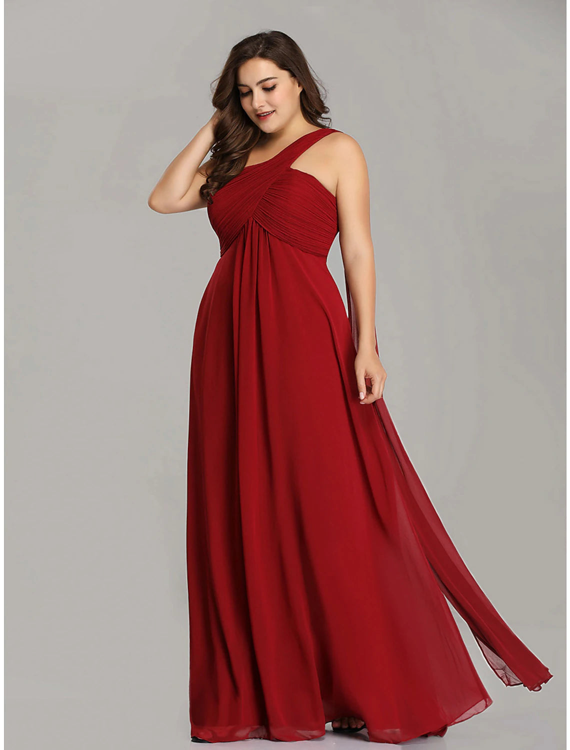 One-shoulder draped chiffon floor-length bridesmaid dress