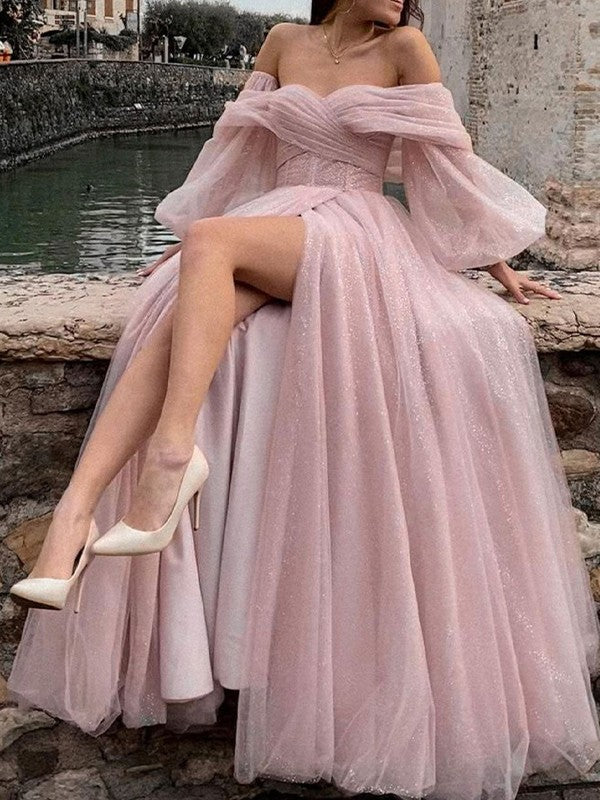 Off-the-shoulder long sleeve A-line prom dress in glitter tulle with ruched corset and slit