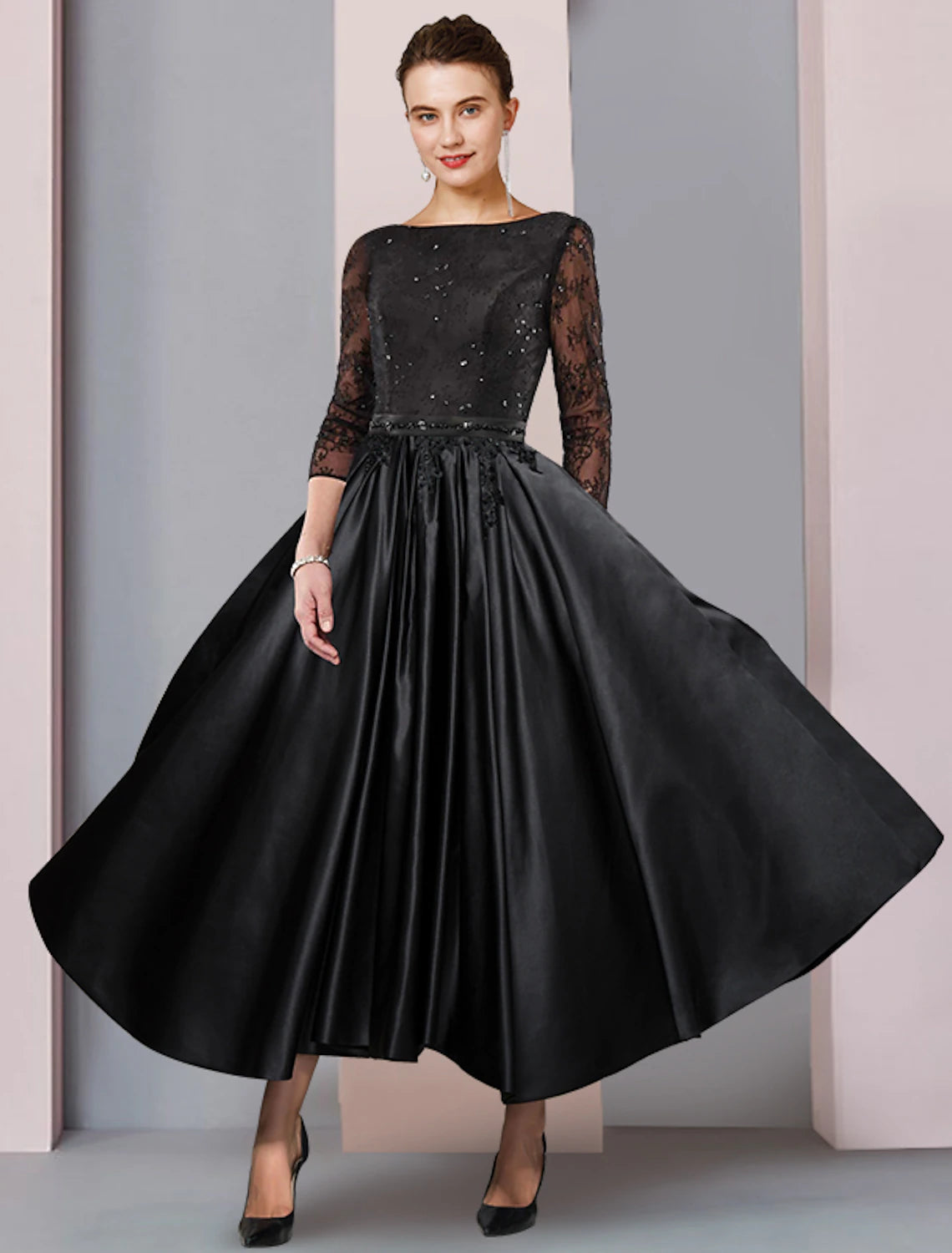 Tea-length A-line satin and lace mother of the bride dress with scoop neckline and 3/4 sleeves